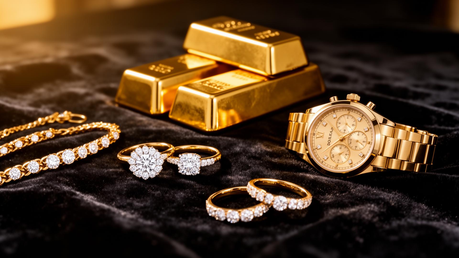 Gold bars, diamond rings and a luxury watch on black velvet
